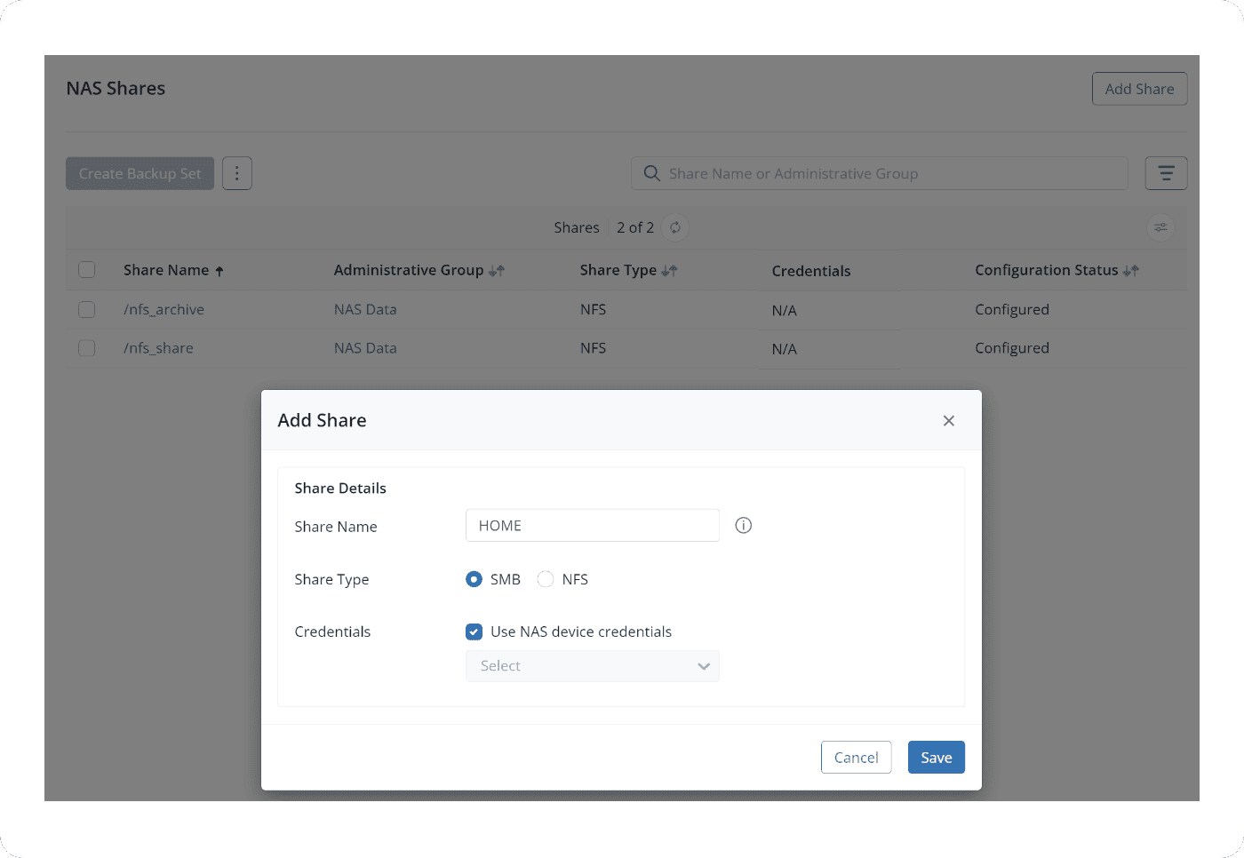 Specify a NAS device share to protect