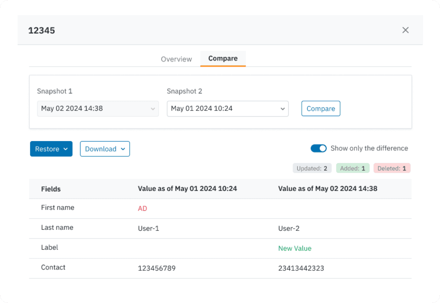 compare records before restore