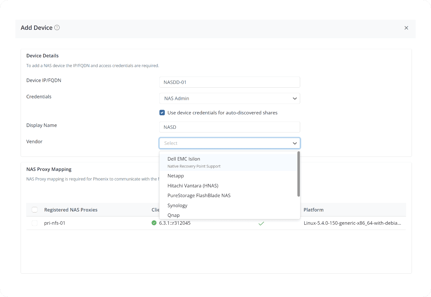 Add NAS device via Druva console