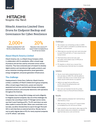 Hitachi America Limited Uses Druva for Endpoint Backup and Governance for Cyber Resilience